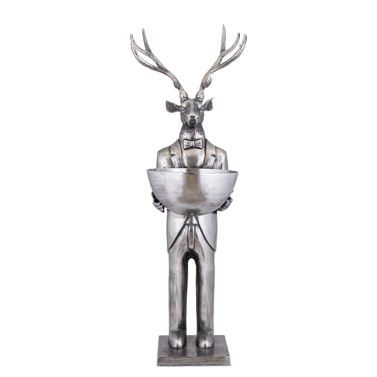 Rzeźba renifera z misą, kolor metalu pistoletowego, 192 cm, duża, PTMD