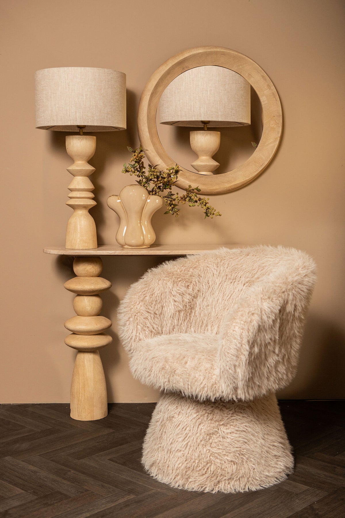 Lampa stołowa Elaine Naturalne Drewno Mango Okrągła Podstawa PTMD