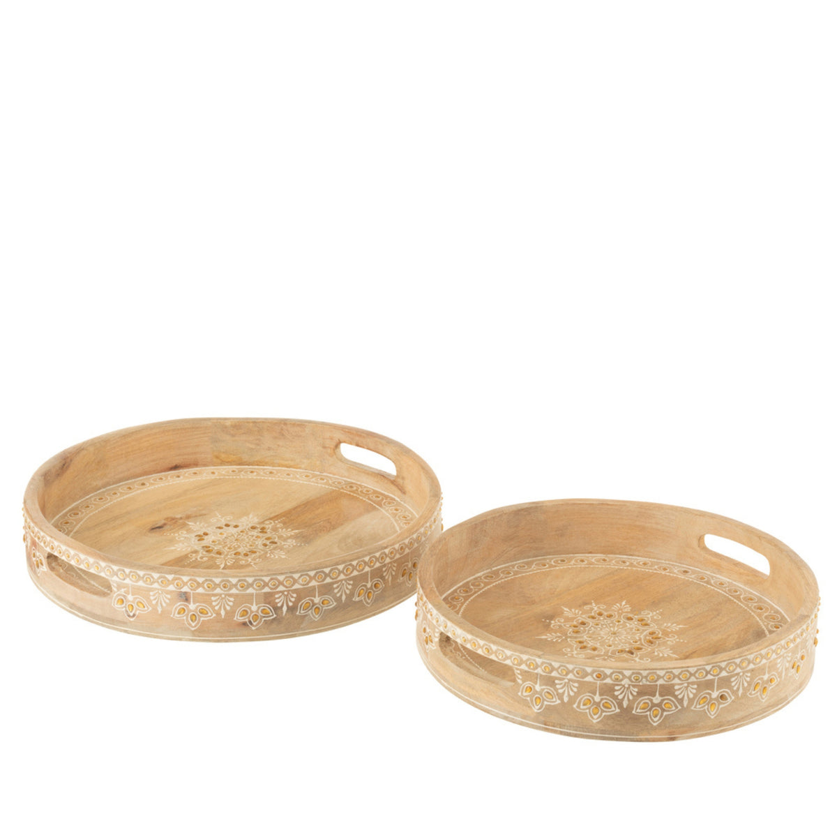 Dienbladen Met 2 Handvaten Kralen Mango Hout Naturel/Wit Set van 2 - Dienblad - J-Line - livinglovely.nl