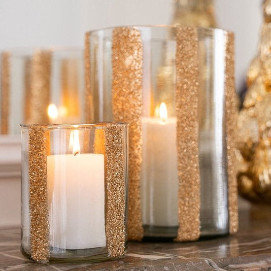 Zestaw 3 lampionów Lea cylindrycznych ze szklanych prążkowanych szkieł, złote, J-Line