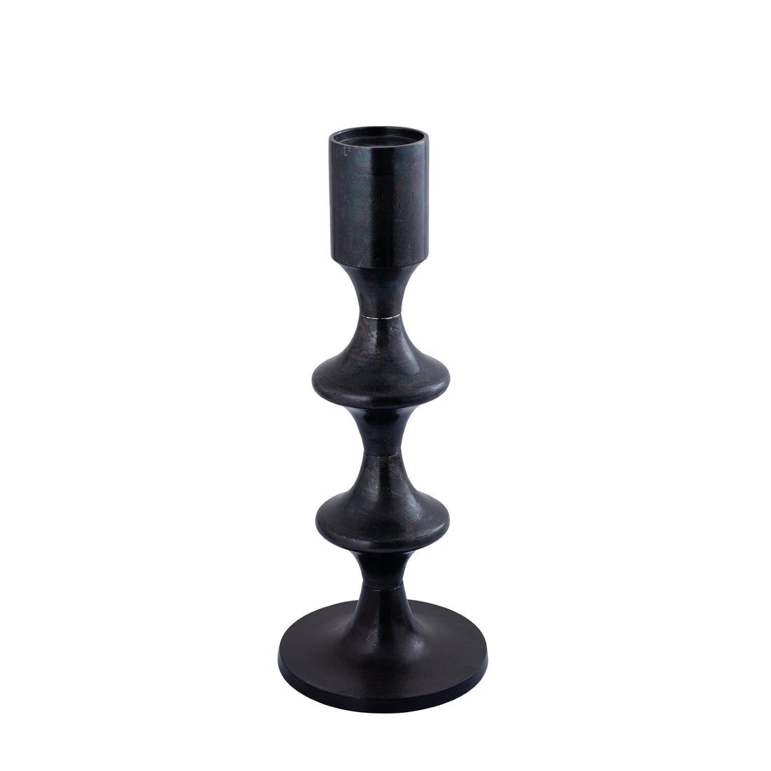 Taika Black aluminiowy okrągły świecznik niski z talerzykiem H73cm PTMD