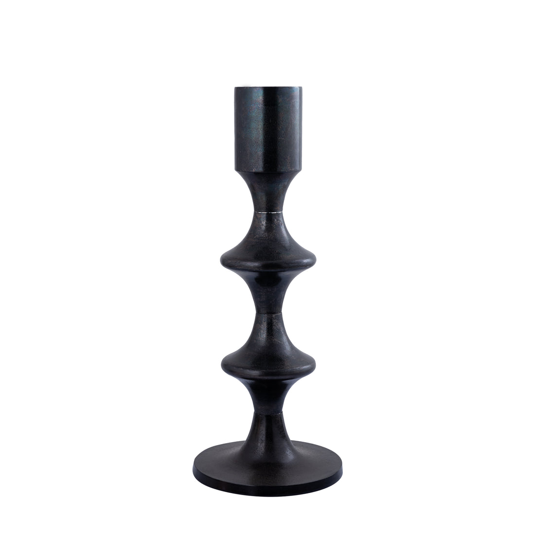 Taika Black aluminiowy okrągły świecznik niski z talerzykiem H73cm PTMD