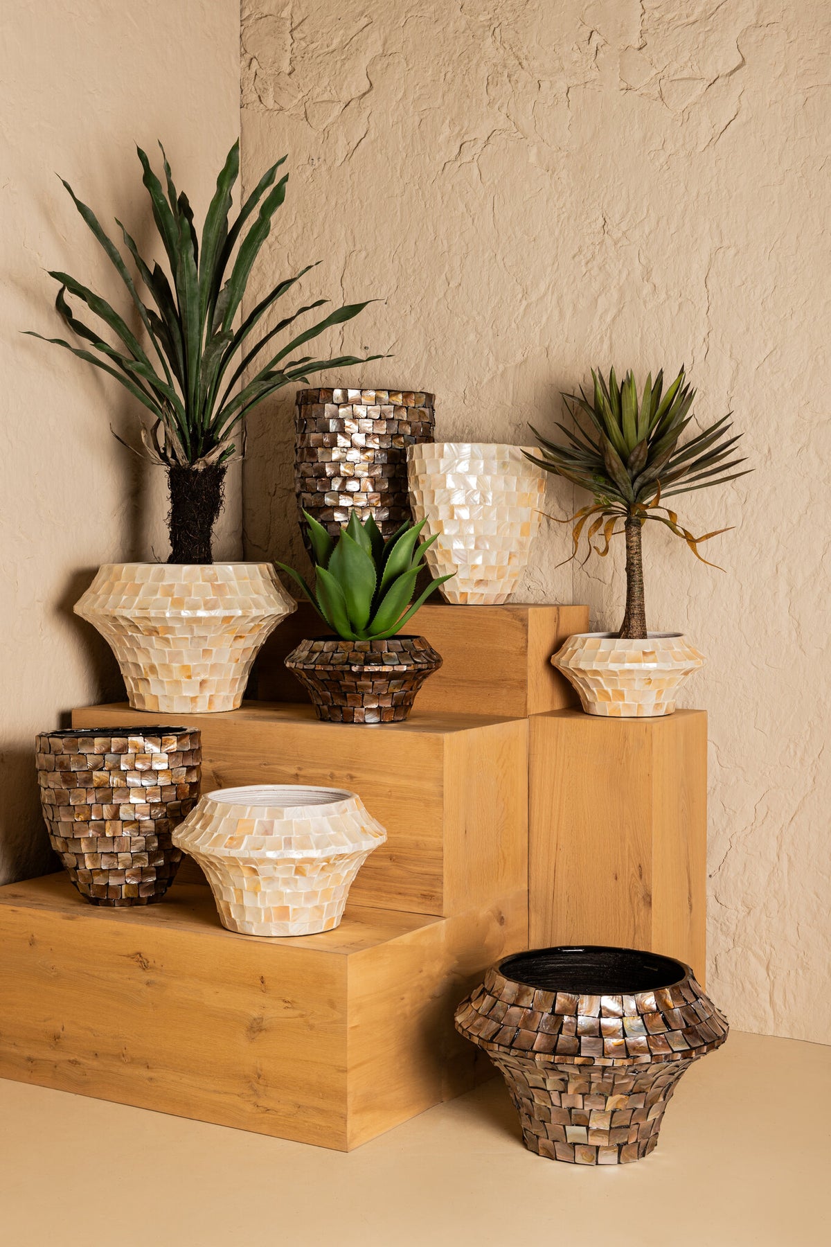 Daven Cream Poly Shell Bamboo Doniczka Okrągła Niska Duża PTMD