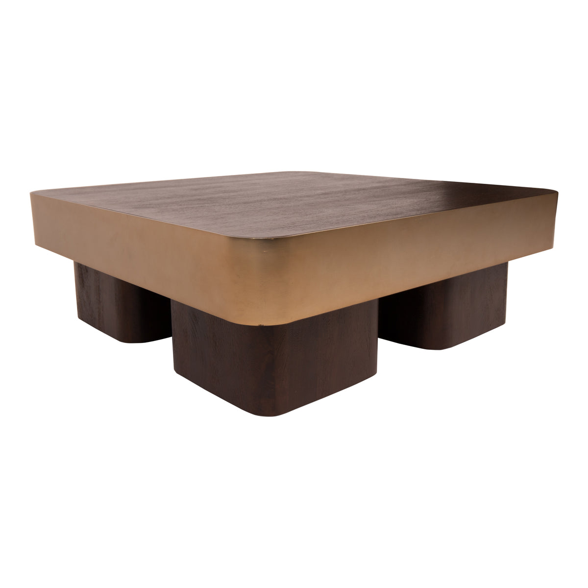 Stolik kawowy Warren 90x90x31 brązowe drewno złoty metal PTMD