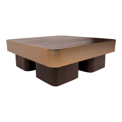 Stolik kawowy Warren 90x90x31 brązowe drewno złoty metal PTMD