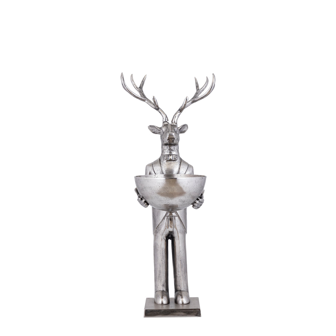 Rzeźba renifera z misą, metal szczotkowany, 109 cm, mała, PTMD
