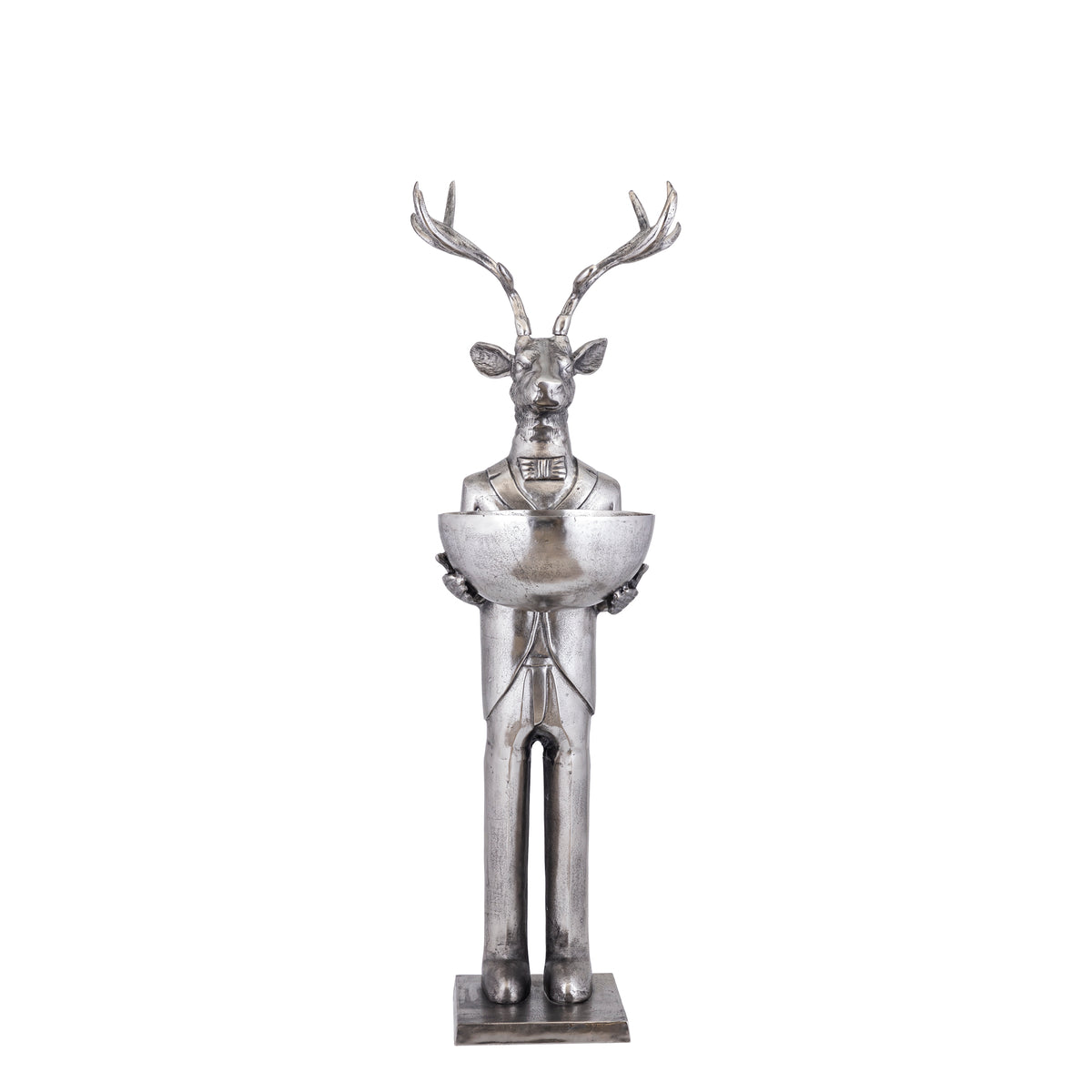 Rzeźba renifera z misą, metal szczotkowany, 155 cm, średnia, PTMD