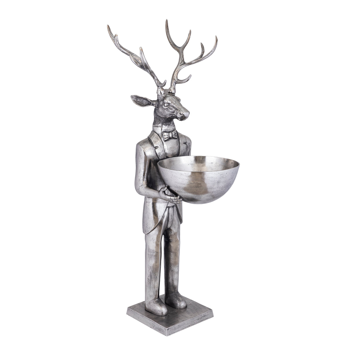 Rzeźba renifera z misą, kolor metalu pistoletowego, 192 cm, duża, PTMD