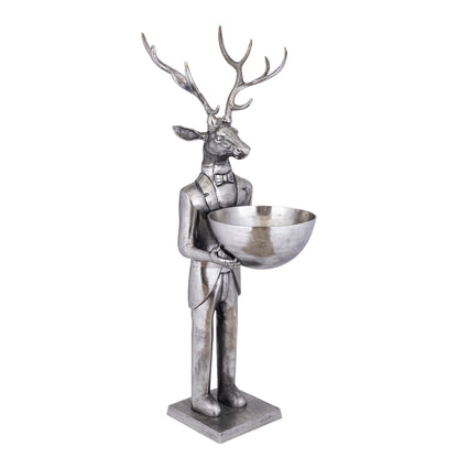 Rzeźba renifera z misą, kolor metalu pistoletowego, 192 cm, duża, PTMD