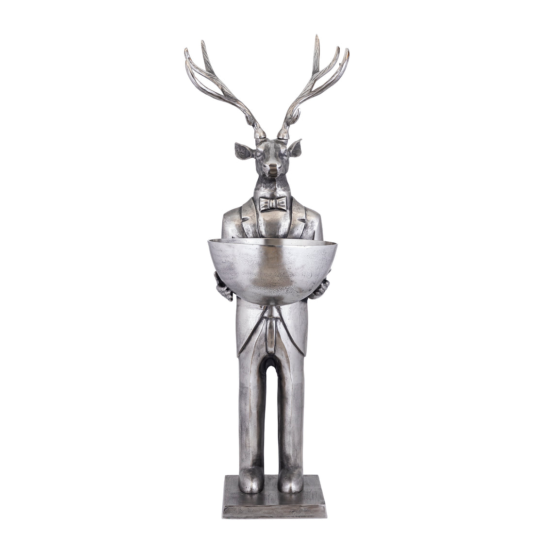 Rzeźba renifera z misą, kolor metalu pistoletowego, 192 cm, duża, PTMD