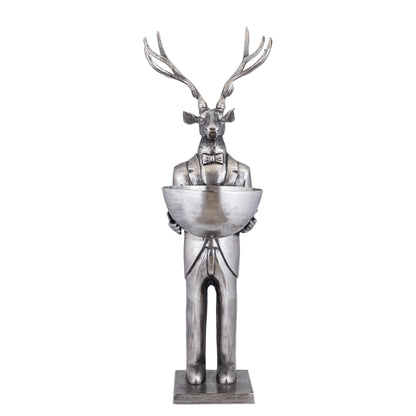 Rzeźba renifera z misą, kolor metalu pistoletowego, 192 cm, duża, PTMD