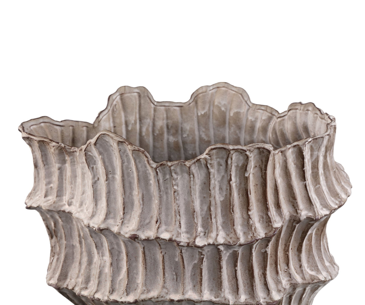 Talan Beżowa Okrągła Falista Żebrowana Waza Ceramiczna A PTMD