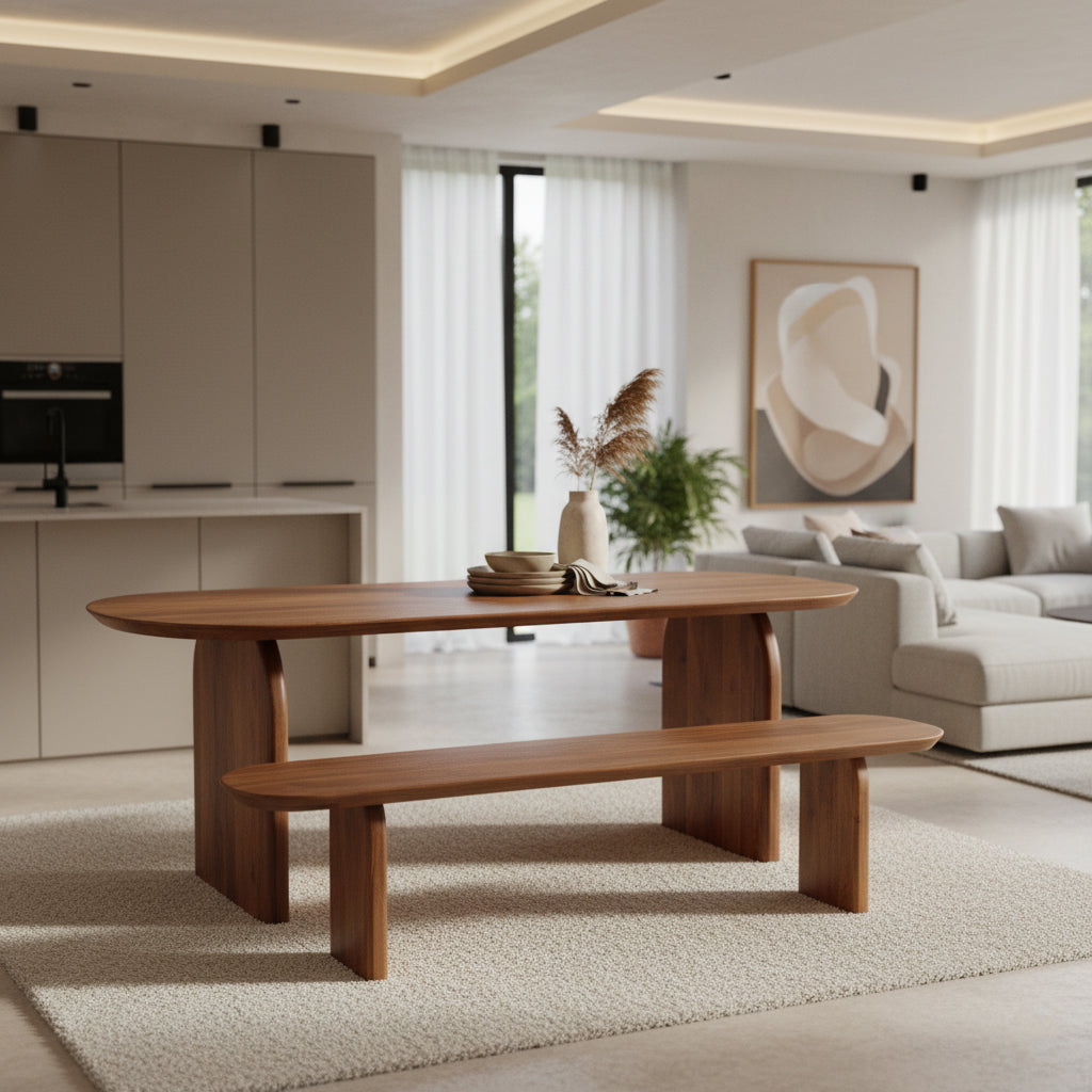 Ławka do jadalni Bullnose z brązowego drewna mango 200 cm Raw Materials