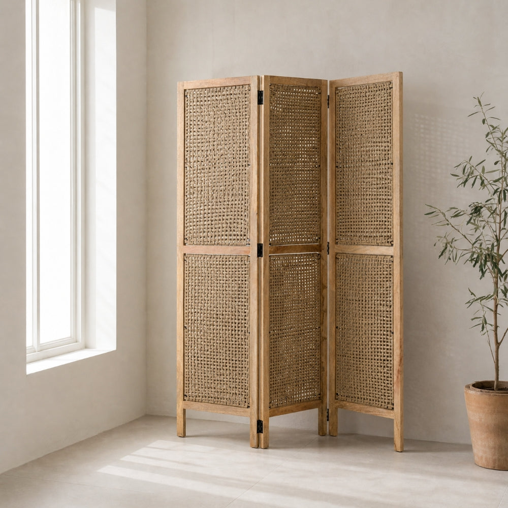 Parawan Pokojowy Z Rattanowymi Panelami Drewno Mango Naturalne J-Line