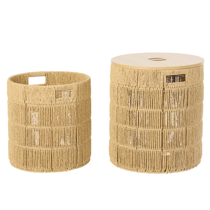 Zestaw 2 okrągłe kosze z pokrywą, naturalny papier, J-Line