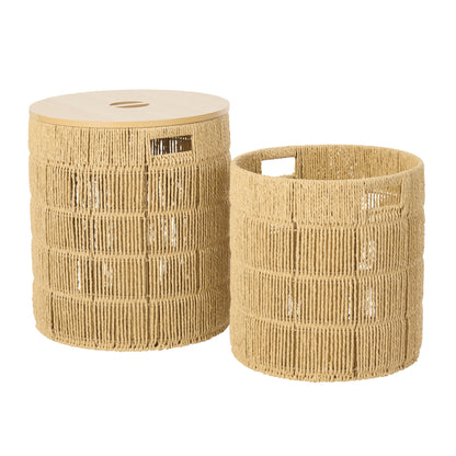 Zestaw 2 okrągłe kosze z pokrywą, naturalny papier, J-Line