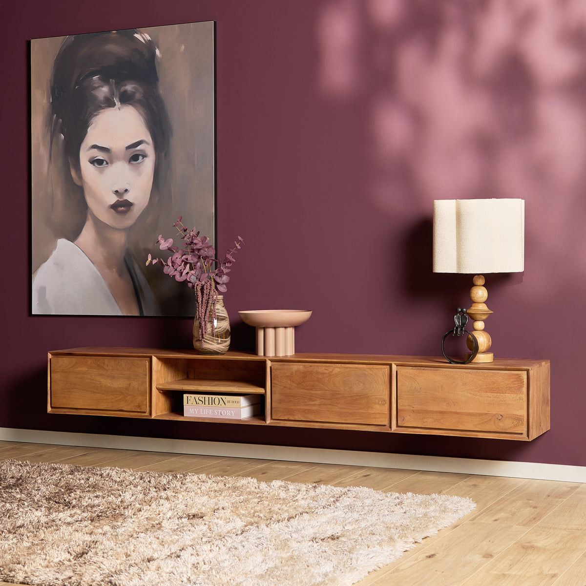 Zawieszana szafka RTV Ambiance Naturalne drewno mango 120cm Starfurn