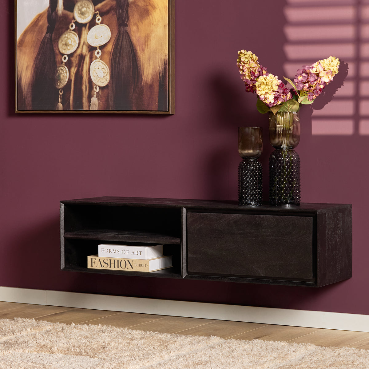 Zawieszana szafka RTV Ambiance Naturalne drewno mango 120cm Starfurn