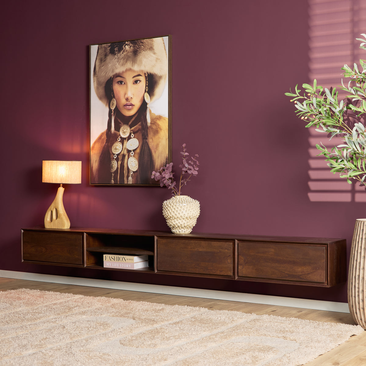 Zawieszana szafka RTV Ambiance Naturalne drewno mango 120cm Starfurn