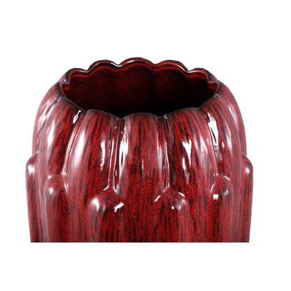Bentz Bloempot Keramiek Rood Small van PTMD, close up van de grove ribbels in de rode keramiek