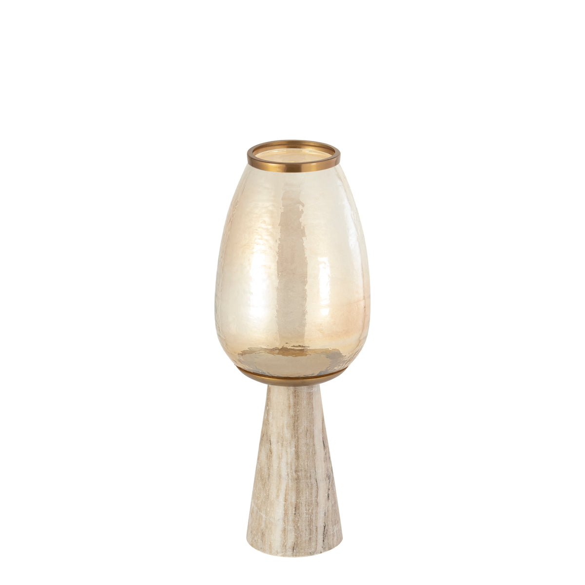 Berdand Windlicht op Voet Beige Small van PTMD, windlicht op voet in beige glas van opzij gezien