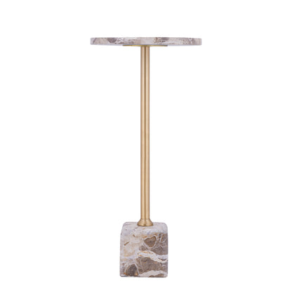 Bijzettafel Ebe Beige Marmer Rond Hoog van PTMD, rond marmeren blad op goudkleurige stang en marmeren voet