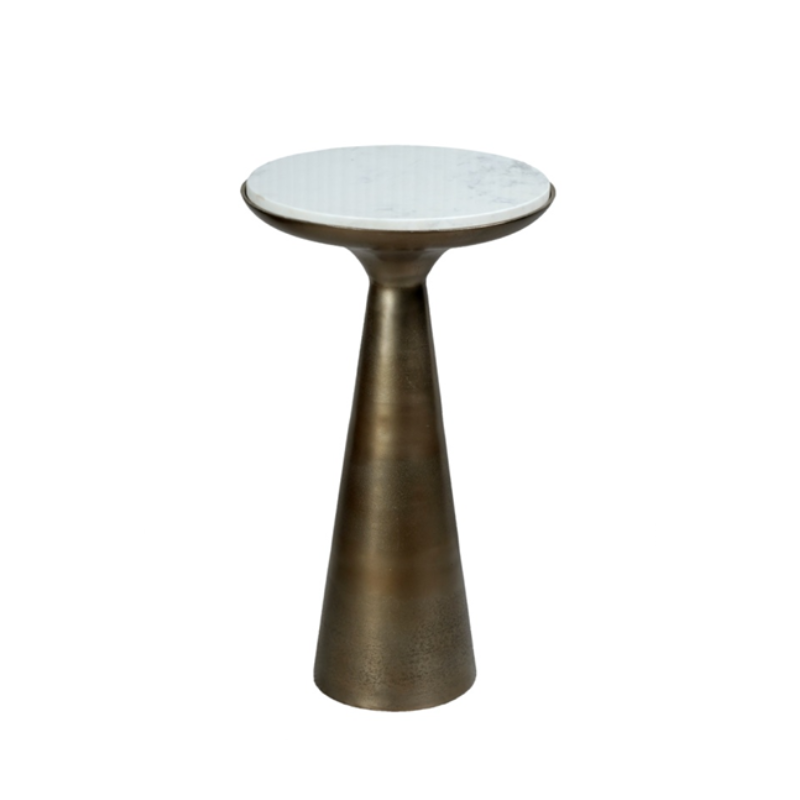 Bijzettafel Essy van Starfurn met rond wit marmeren blad op een goudkleurige poot, Ø38cm x H60cm