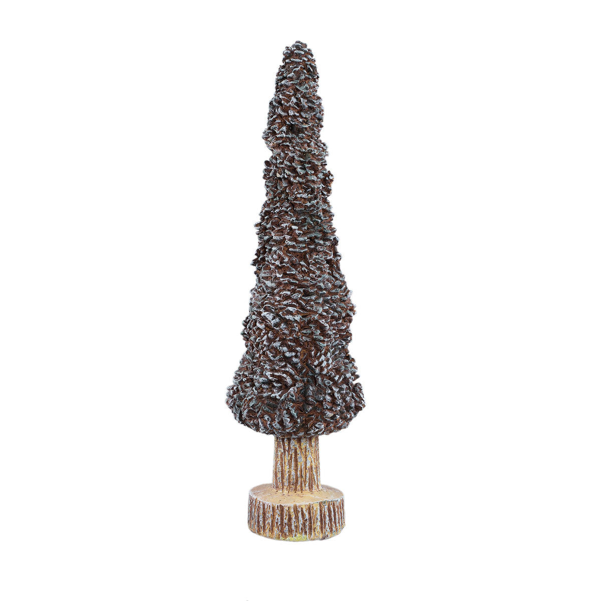 Davene Kerstboom van PTMD, kerstboombeeld in de vorm van een dennenappel van bruin cement met sneeuw op witte achtergrond
