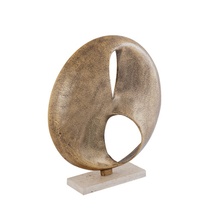 Deuie Beeld Messing van PTMD, messingkleurig beeld op travertin voet, ander aanzicht