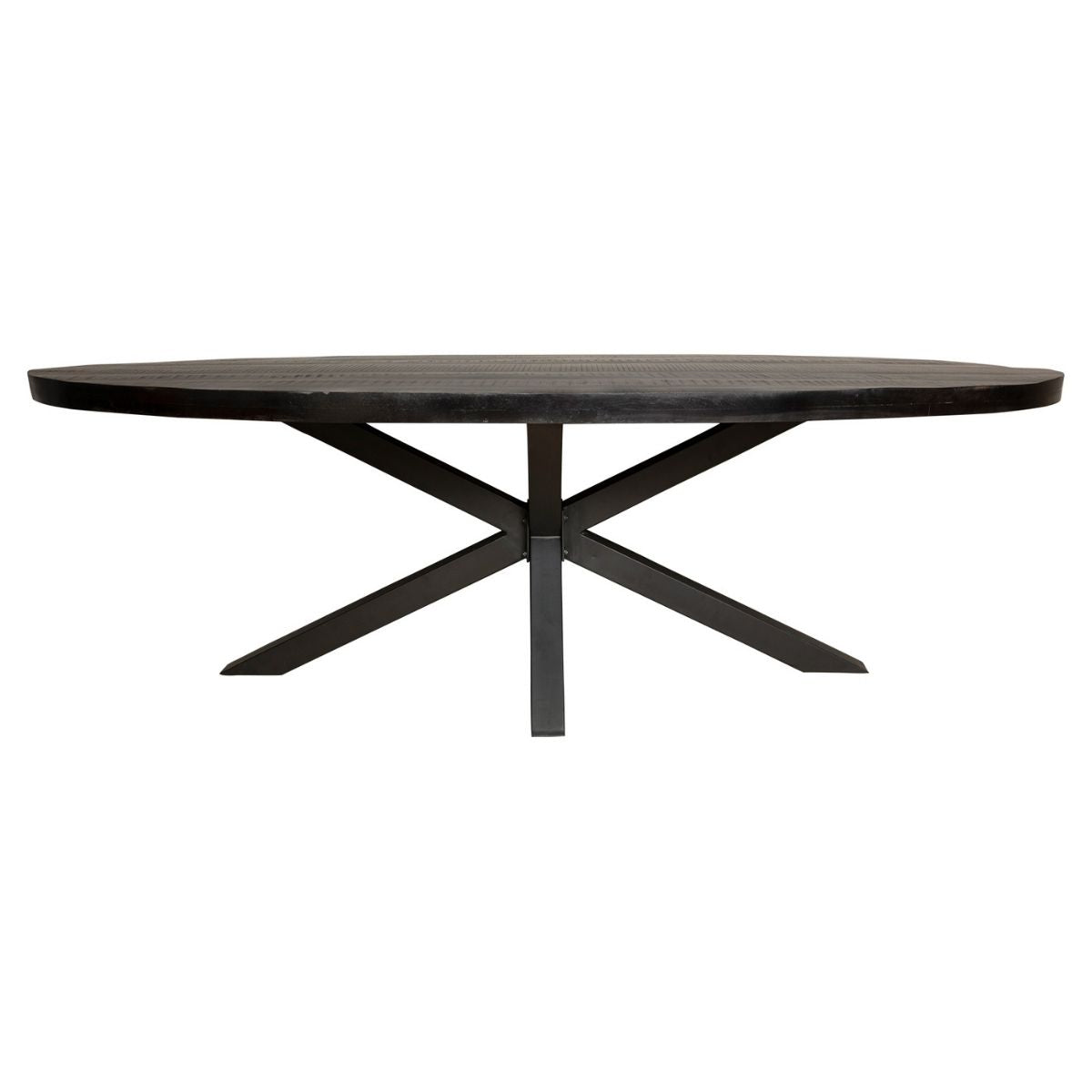 Ovale Denver Zwart eettafel 300cm van Starfurn met centrale metalen matrixpoot in zwarte lak