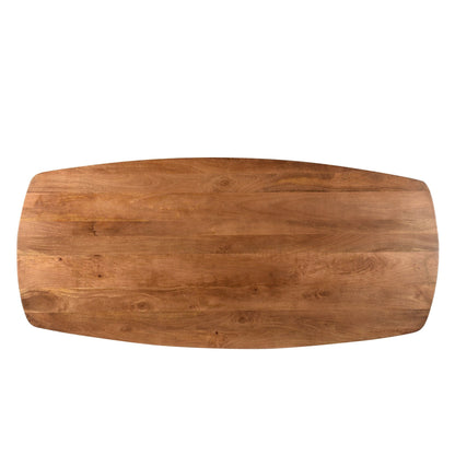 Bovenaanzicht van het mangohouten blad van de eettafel Jesper Pecan 180cm