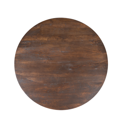 Bovenaanzicht van het ronde bruine mangohouten blad van eettafel Lima