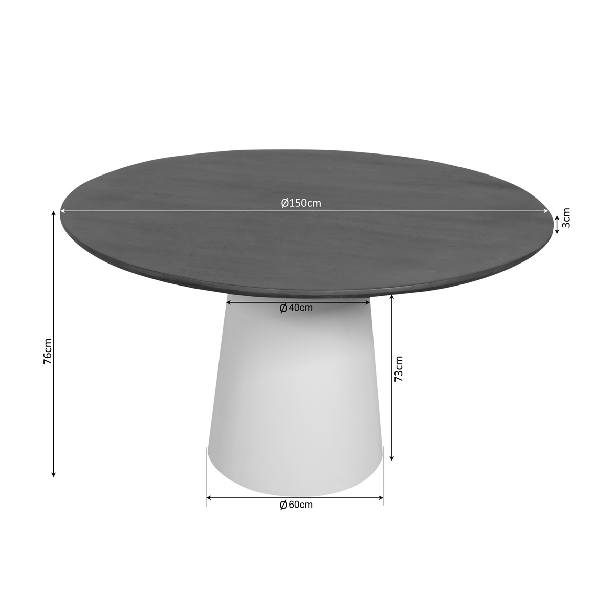 Eettafel Madison 150cm van Starfurn van opzij met de dikke rand van het bruine tafelblad