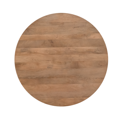 Bovenaanzicht van het ronde naturel mangohouten blad van de Solana eettafel