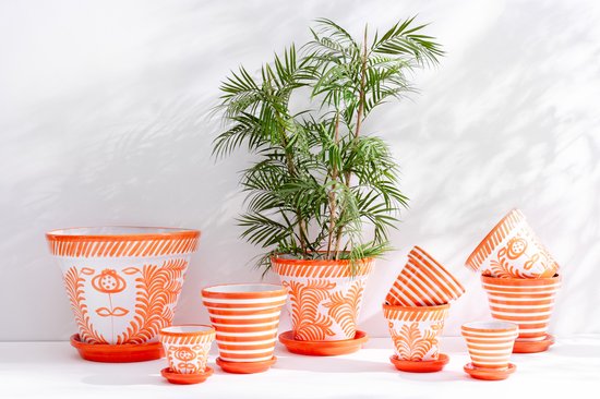 Doniczka+Talerz Granada Stripes Ręcznie robiona+Malowana Ceramika Naranja Ekstra Duża J-Line