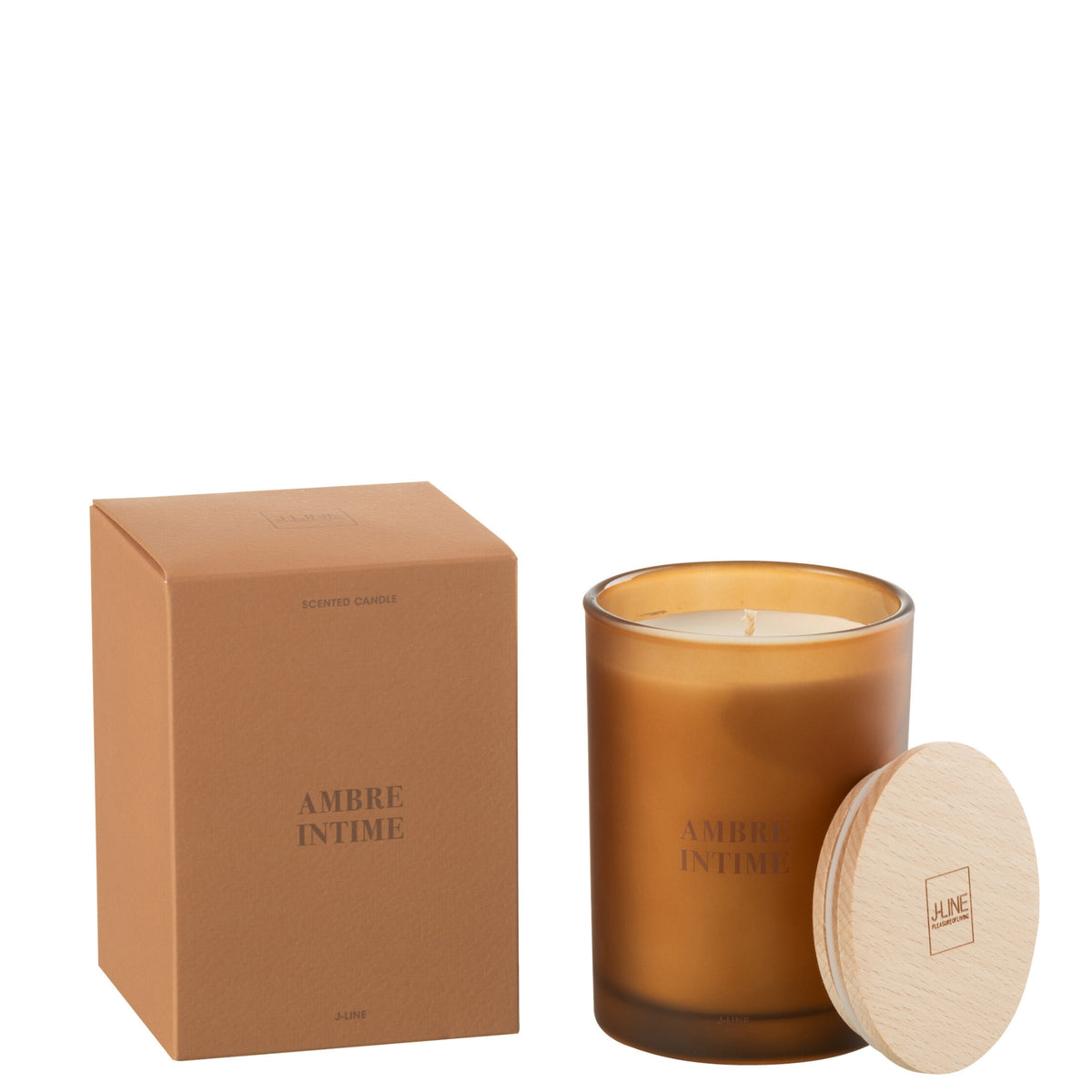 Geurkaars Accords Essentiels Ambre Intime 38 Uur van J-Line, okerkleurige glazen pot met houten deksel naast de geschenkdoos