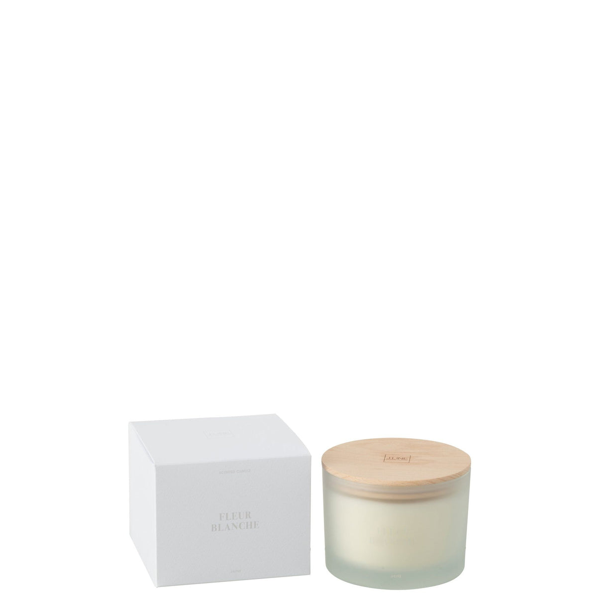 Geurkaars Accords Essentiels Fleur Blanche 28 Uur van J-Line, gesloten kaarspot en doos op witte achtergrond