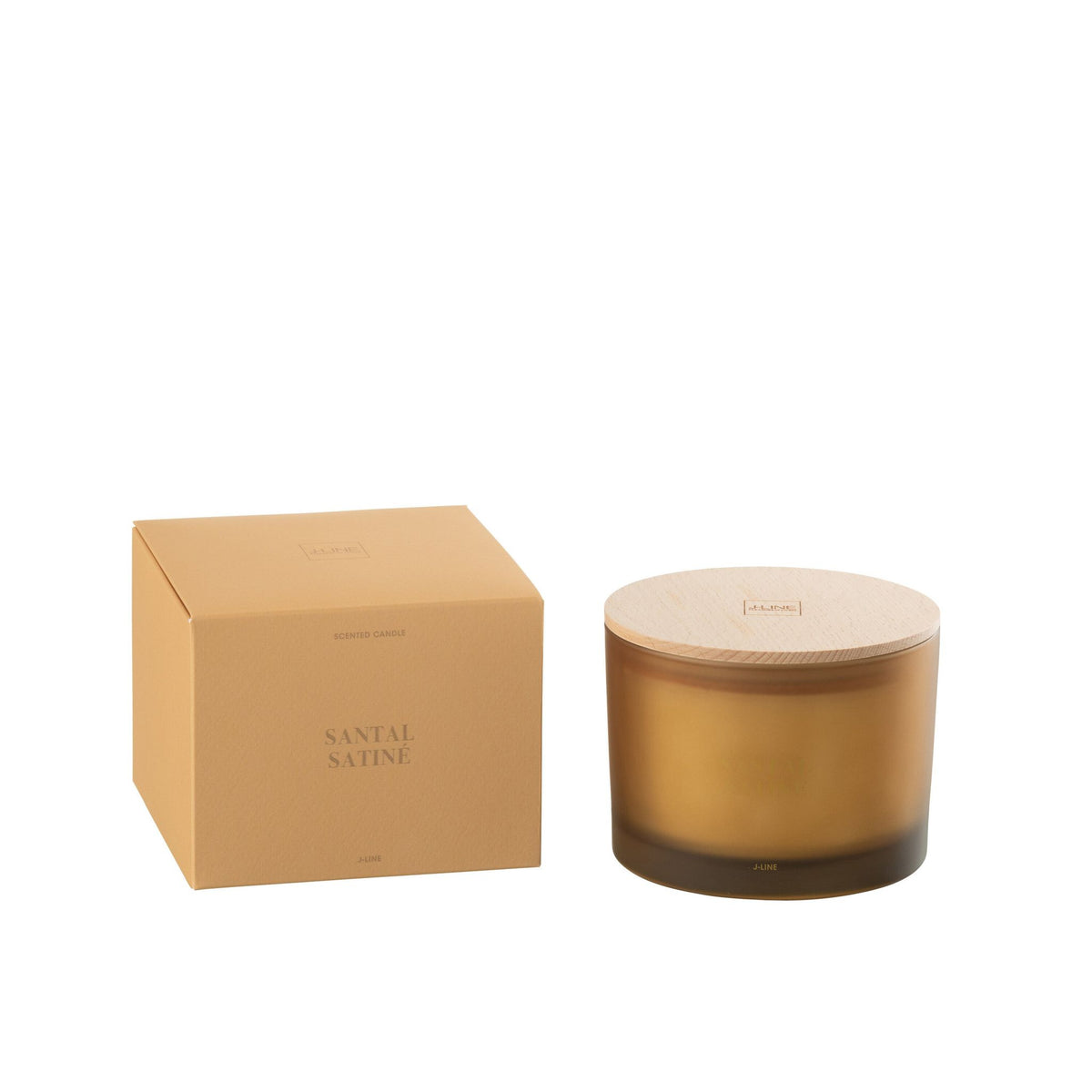 Geurkaars Accords Essentiels Santal Satiné 28 Uur van J-Line, gesloten kaarspot en doos op witte achtergrond