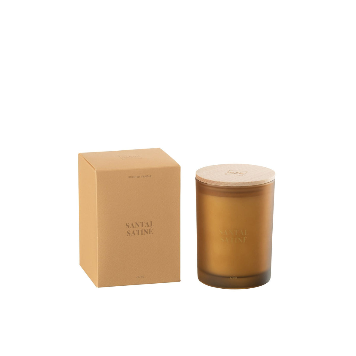 Geurkaars Accords Essentiels Santal Satiné 38 Uur van J-Line, gesloten kaarspot en doos op witte achtergrond