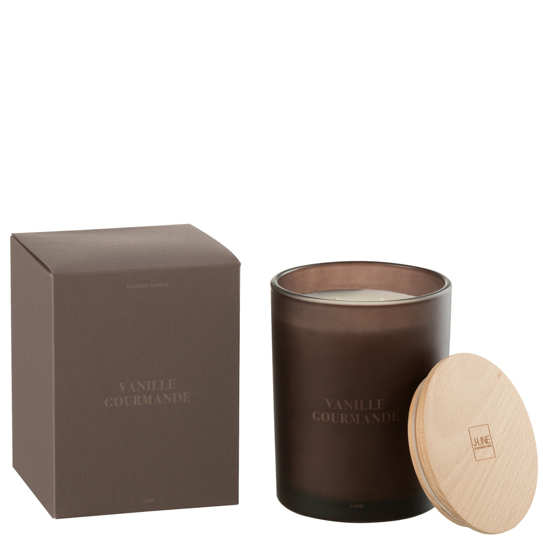 Geurkaars Accords Essentiels Vanille Gourmande 52 Uur van J-Line, bruine glazen pot met houten deksel naast de geschenkdoos