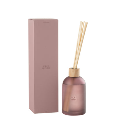Geurstokjes Accords Essentiels Figue Frivole 550ml van J-Line, paarse glazen fles met geurstokjes naast de geschenkdoos
