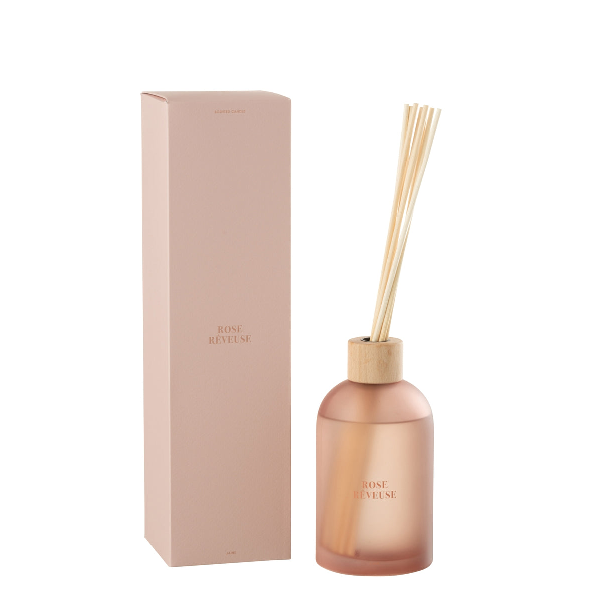 Geurstokjes Accords Essentiels Rose Rêveuse 550ml van J-Line, roze glazen fles met geurstokjes naast de geschenkdoos