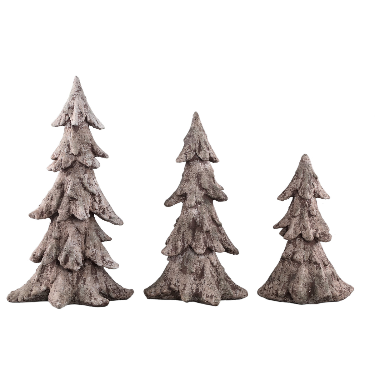 Hascal Kerstboom Beeld Cement Large van PTMD, drie maten kerstboompjes van lichtbruin cement naast elkaar