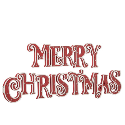 Kerstbord Verlicht Hout Rood Wit van J-Line, breed houten kerstbord in rood en wit met verlichting