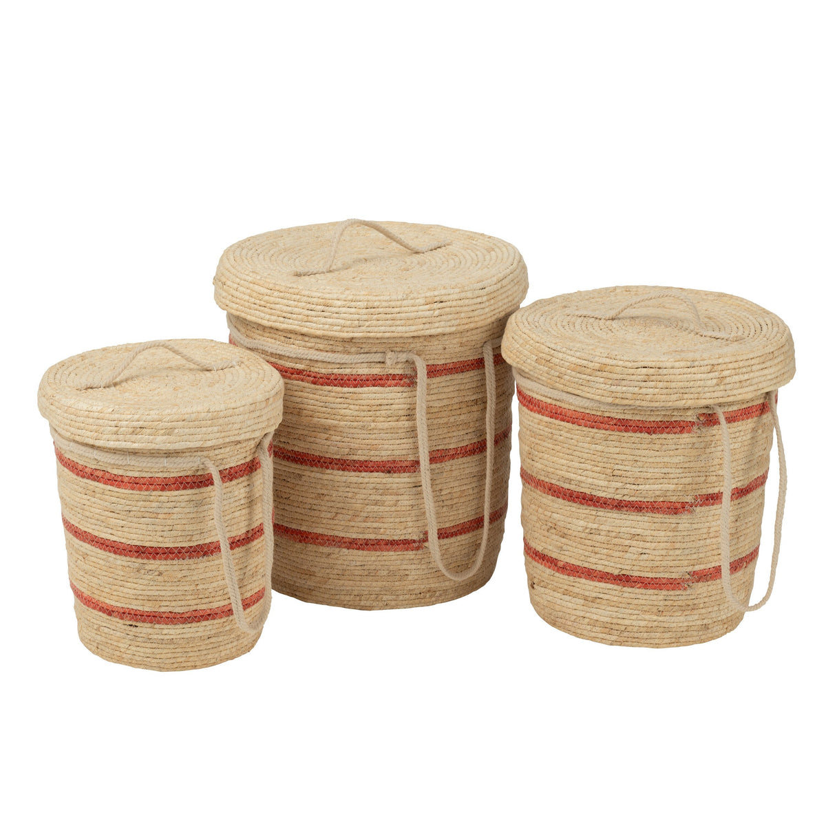 Mand Strepen + Deksel Maïs Naturel/Rood Set van 3 J-Line - Mand - J-Line - livinglovely.nl