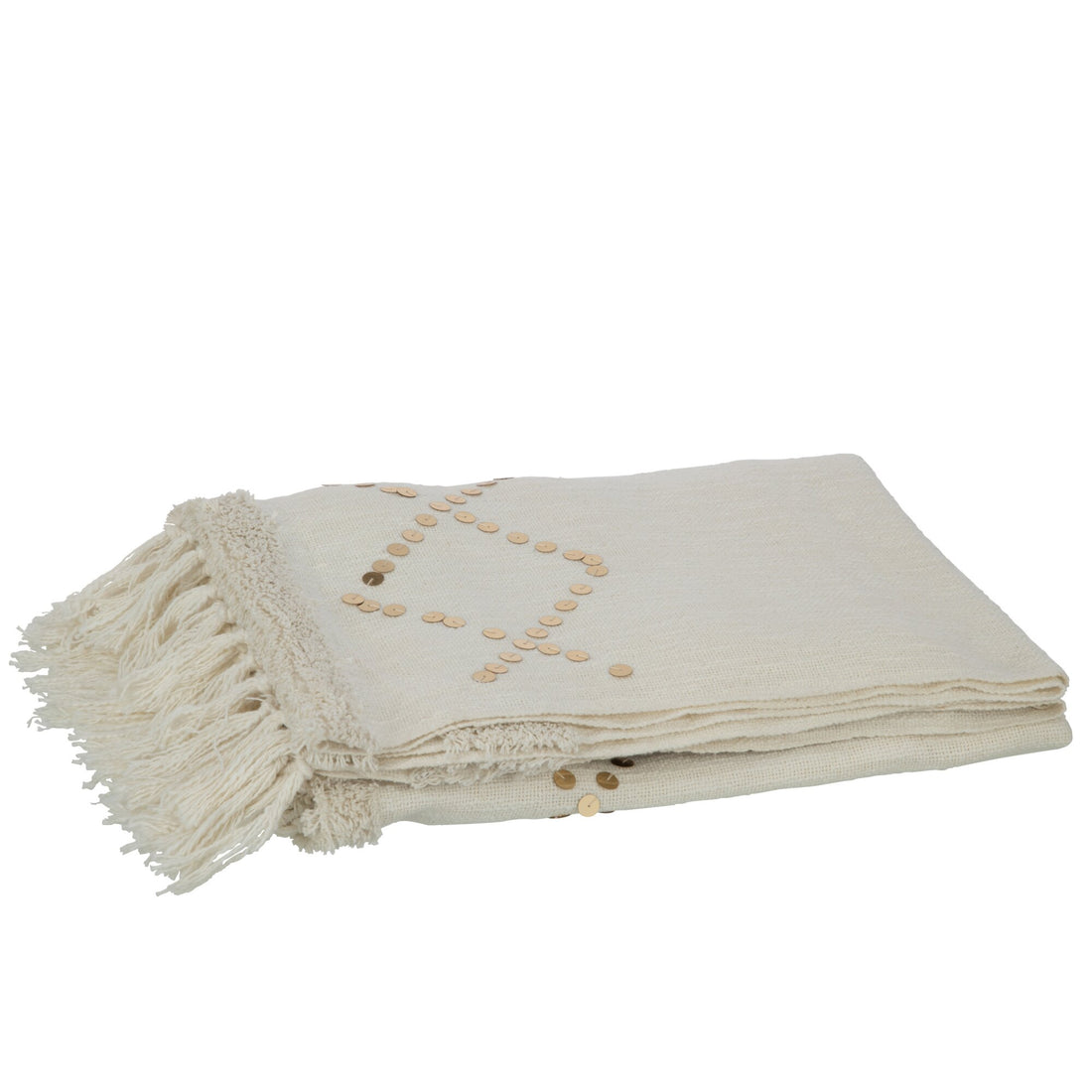 Plaid Diamenty + Frędzle Bawełna/Pailletki Biały/Złoty