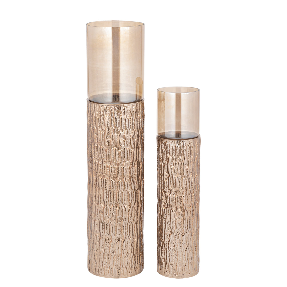 Rezy Windlicht op Voet Bruin Goud Small van PTMD, windlicht op voet in small en large naast elkaar