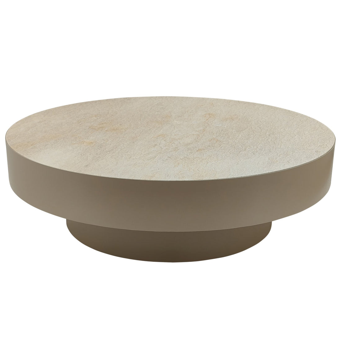 Salontafel Corfu Beige Marmer van PTMD, ronde lage tafel met smallere voet op witte achtergrond