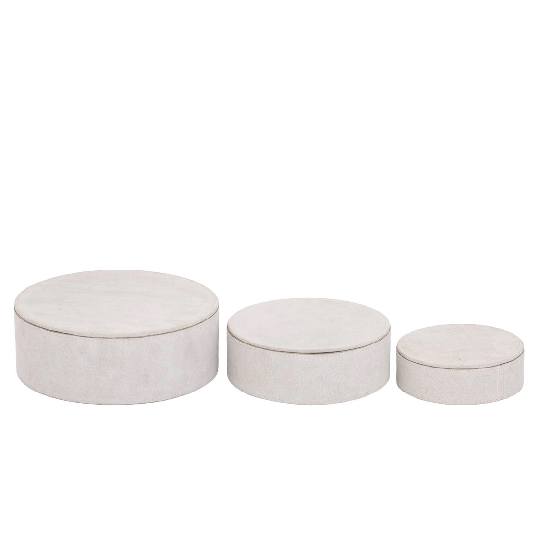 Saria Set Van 3 Opbergdozen Suède Beige Rond van PTMD, vooraanzicht, drie ronde beige opbergdozen van suède