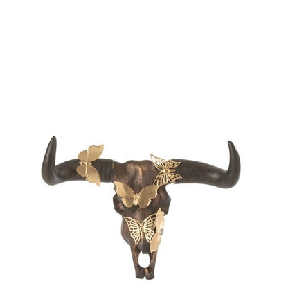 Schedel Os Vlinder Resin Bruin/Goud Small - Wanddecoratie - J-Line - livinglovely.nl